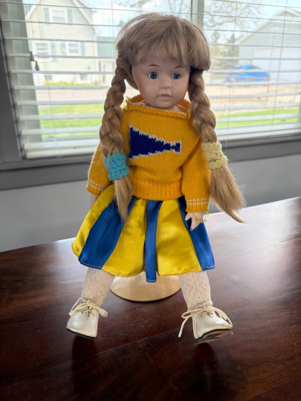 Porcelain Doll Yellow and Blue Cheer Outfit  - Knit Sweater & Satin skirt